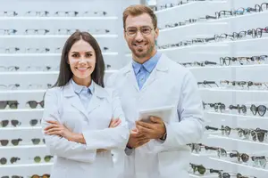 Two people in white coats stand in front of shelves of glasses.
