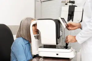 A woman with gray hair is having her eye examined by a doctor in a white coat in a medical room