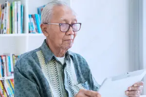An elderly man is sitting and reading a document in front of a shelf with books.