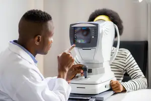 A doctor uses a retinal camera to check a patient's eye in a medical setting.