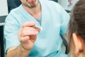 A doctor in a blue scrub top holds a tool to a woman's face in a medical setting.