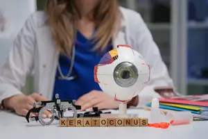 Female doctor sitting at desk with eye model, books, and medical equipment in a clinic.