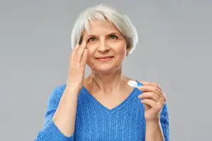An older woman with white hair is smiling and holding a white object, probably a toothbrush, in her hand while her left hand is on her face.