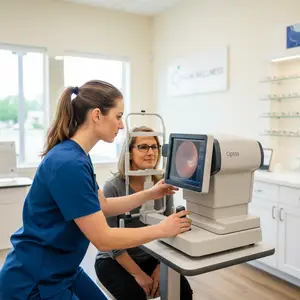 A woman with glasses is having her eyes checked by a medical professional in an optometrist office