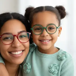A smiling adult woman and a young girl wearing glasses