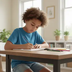 A young boy is sitting at a desk and writing in a notebook with a pen