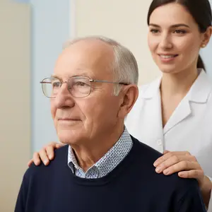 Elderly man wearing glasses and a sweater being examined by a female doctor in a lab coat