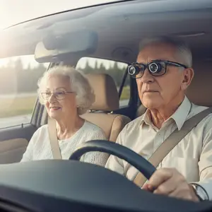 A man wearing glasses is driving a car with a woman in the passenger seat.