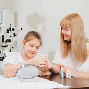 A young girl and a woman are smiling and seem to be looking at a bottle in front of them, probably in an optometrist's office.