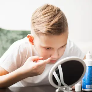A young boy is examining his nose in a mirror while holding a small bottle of eye drops on the table beside him.