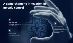 A hand holds a circular lens with a large single vision zone, labeled as a game-changing innovation in myopia control.