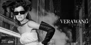 A black and white image of a woman wearing sunglasses and a bow hat with the text Vera Wang Eyewear in the upper right corner