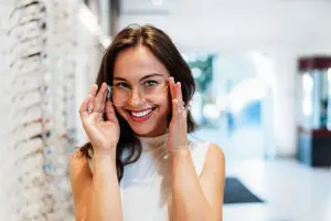 Woman smiling and posing for a picture in a store with a wall of glasses behind her
