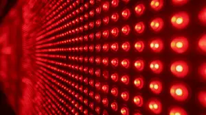 A close-up view of a red LED light panel with a red glow