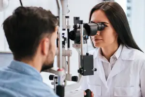 A woman in a white lab coat is examining a man's eyes with an ophthalmoscope.