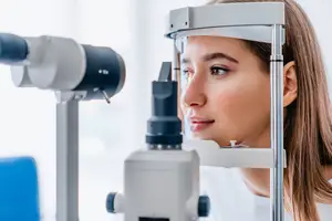 A woman is looking through an eye exam machine at an optometrist