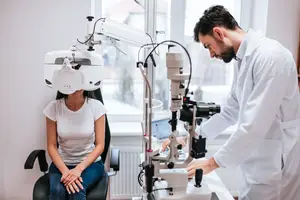 An adult male doctor is examining a woman's eyes with an eye examination machine in an eye clinic.