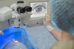 A person wearing a blue surgical cap and white gloves is using an eye examination machine, possibly performing an eye surgery.