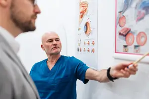 Two men in an office, one pointing at a poster with an eye diagram