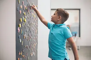 A boy in a blue polo shirt is looking at a board with stickers on it.
