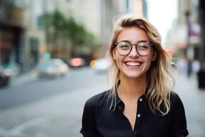 A smiling young woman in a black shirt and glasses stands on a city street with blurred cars and buildings in the background.