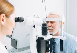 An elderly man is having his eyes examined by a woman in a white lab coat.