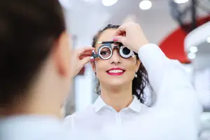 A woman with glasses is having her eyes checked by a doctor in a clinic.