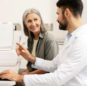 A man in a white lab coat is showing something on a computer monitor to a woman in a gray shirt who is smiling and looking at the man.