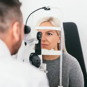 A woman is looking into an eye examination machine while a man is looking at her through it
