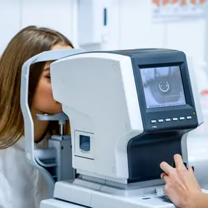 A woman is using an eye examination machine while wearing a white shirt and a ring on her left hand.