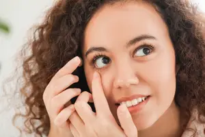 A young woman with curly hair is placing an eye contact on her left eye while smiling and posing for a photo.
