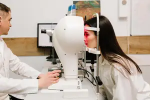 A woman is having her eyes examined by a doctor in a medical room