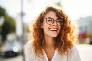 A woman with curly red hair and glasses is smiling and looking at the camera. She is wearing a white blouse and standing on the side of the road. Behind her, there is a blurry view of a car and a building with trees and street lights. The sunlight is shining on her, and she seems to be posing for a photo.