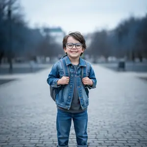 A young boy with glasses and a backpack smiling in an outdoor area