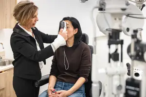 A woman is using a device to examine a woman's eye in a clinic.