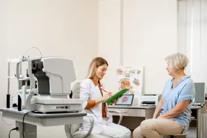Optometrist examining the eye of a patient using a machine in an optical shop