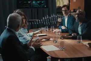 A group of business people sitting at a table discussing something with glasses and papers on the table