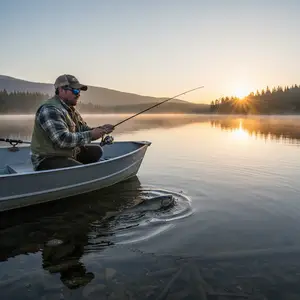 A man in a boat fishing on a lake at sunset.
