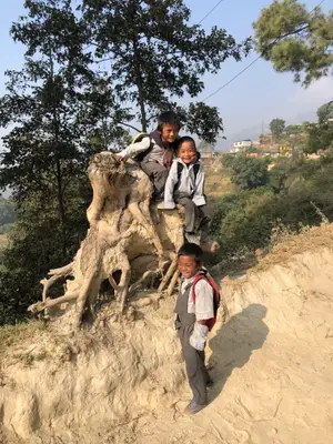 Three boys sit on a tree stump in a rural area.