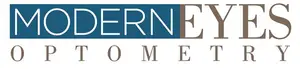 Modern Eyes Optometry logo with blue and brown text on a white background