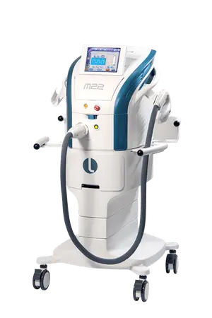 A white and blue medical laser machine with a screen and wheels on a gray background