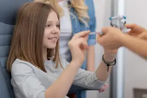 A young girl is sitting on a chair while smiling and holding a device in her hand, probably in a hospital room.