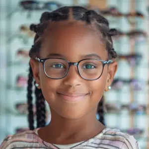 young girl wearing glasses and smiling