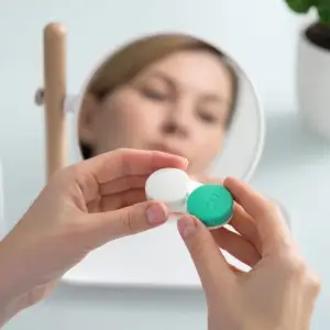 A person is holding a lens container with a green lid in their hands in front of a mirror.