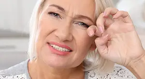 An older woman with blonde hair adjusts her eyeglass while smiling and looking at something in front of her