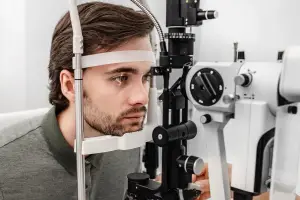 Man having his eyes examined by an optometrist in a clinic