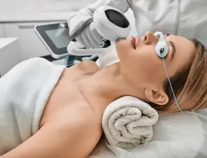 A woman is lying down in a spa with an earphone on and a mask on her face as she is getting laser treatment on her face.