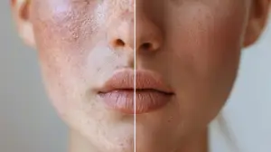 Before and after image of a woman with freckles and redness on her face.