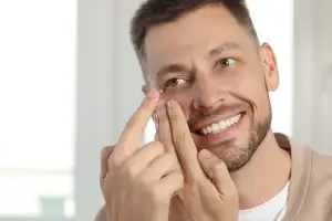 Man holding a contact lens near his eye with a smile