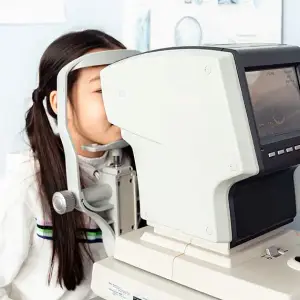 Girl using an eye exam machine